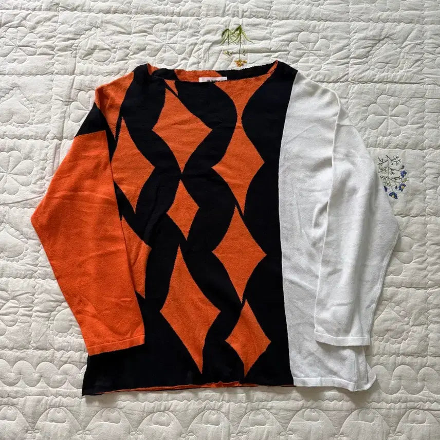[BUNJANG] Sulvam Asymmetrical Geometric Pattern Boat Neck Knit Sweater / 설밤 Sulvam 비대칭 기하학 패턴 보트넥 니트