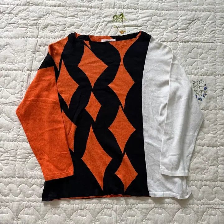 [BUNJANG] Sulvam Asymmetrical Geometric Pattern Boat Neck Knit Sweater / 설밤 Sulvam 비대칭 기하학 패턴 보트넥 니트