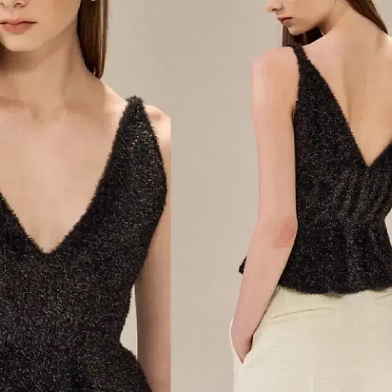 [BUNJANG] OBZEE Glitter Fluffy Peplum Knit Top / 한섬 오브제 OBZEE 글리터 플러피 페플럼 니트탑 블랙 뷔스티에 나시