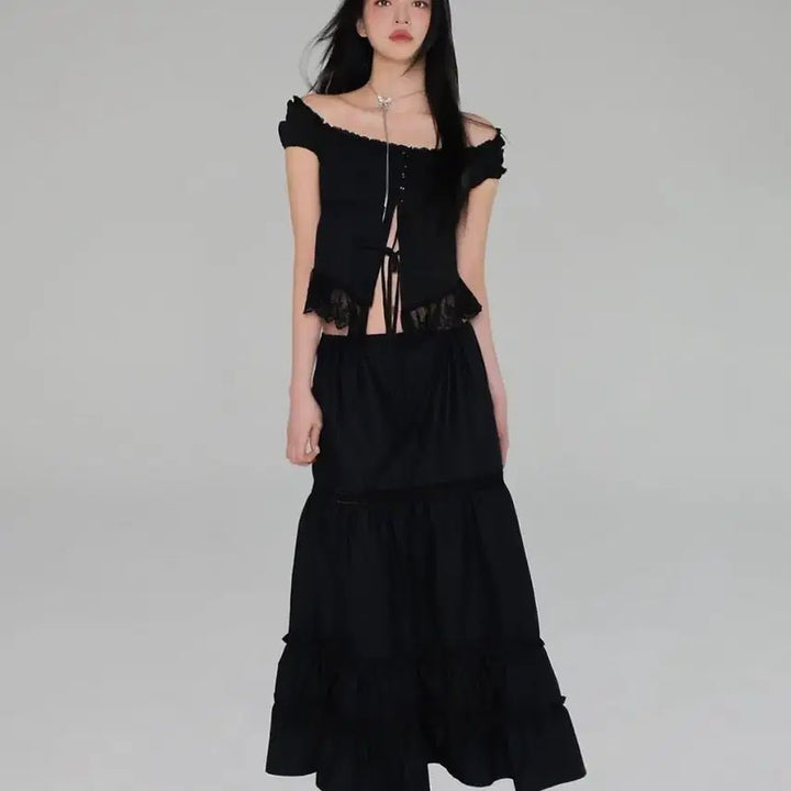 [BUNJANG] Newallin Rosette Blouse &amp; Pure Skirt Set (Black, M) / 뉴얼린 로제 블라우스 + 퓨어 스커트 블랙 M