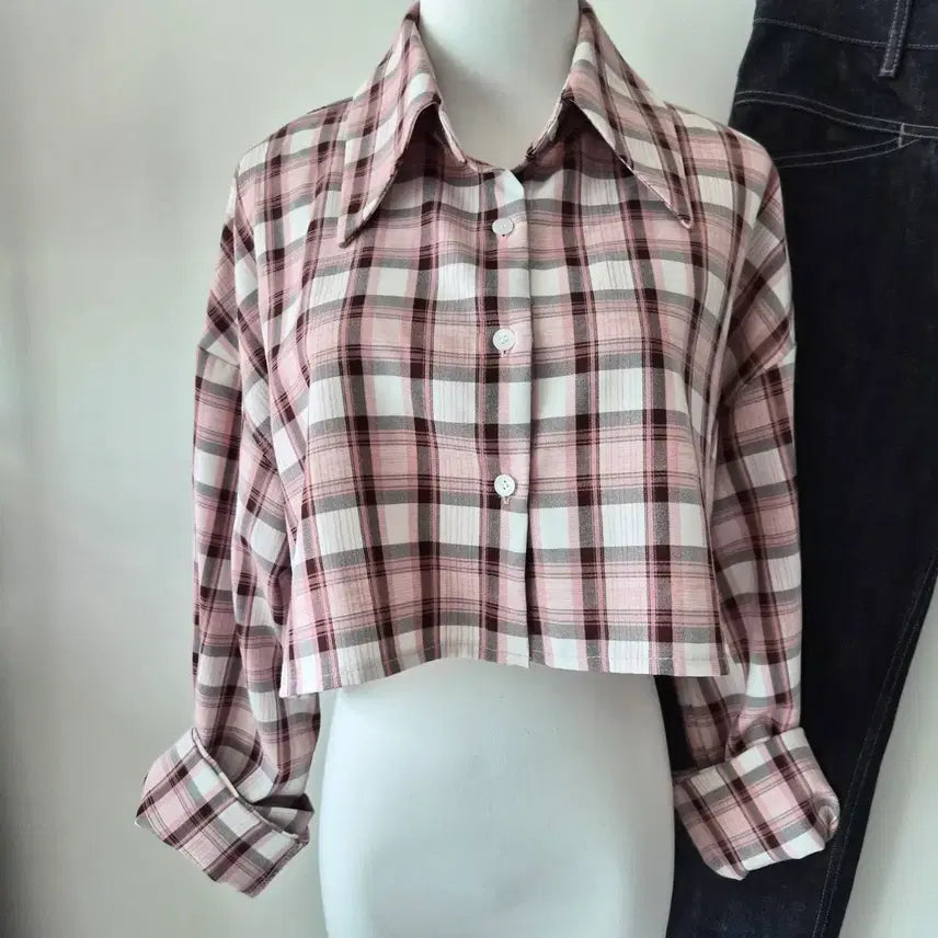 [SOLD OUT] 핑크 체크 크롭 셔츠 블라우스