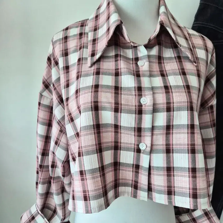 [SOLD OUT] 핑크 체크 크롭 셔츠 블라우스
