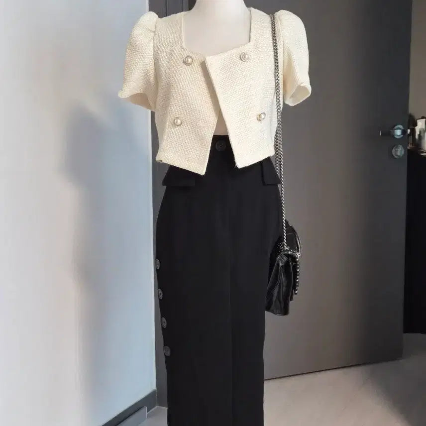 [BUNJANG] Tweed Square Neck Puff Cropped Jacket - Ivory / 트위드 스퀘어넥 퍼프 크롭 자켓 팔아요