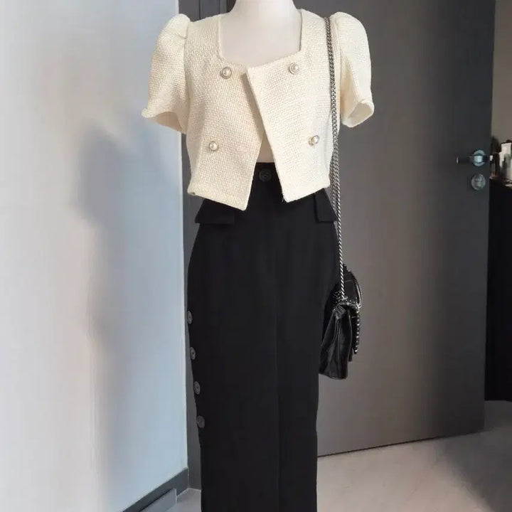 [BUNJANG] Tweed Square Neck Puff Cropped Jacket - Ivory / 트위드 스퀘어넥 퍼프 크롭 자켓 팔아요