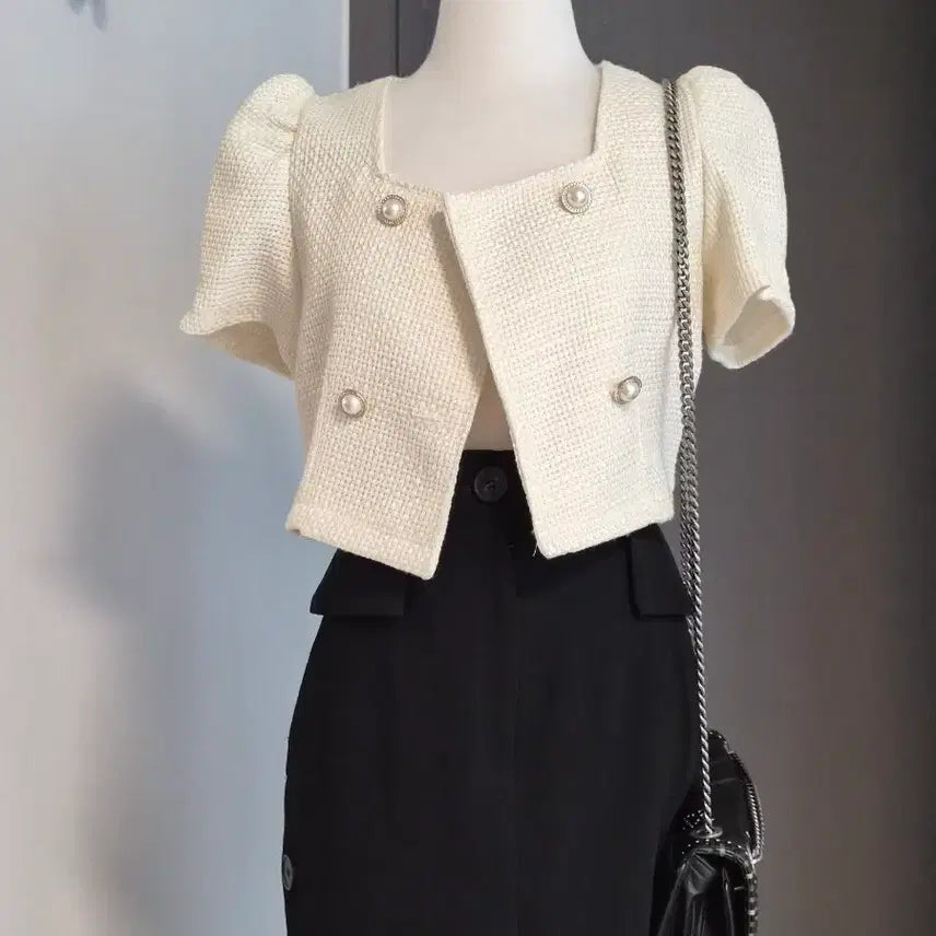 [BUNJANG] Tweed Square Neck Puff Cropped Jacket - Ivory / 트위드 스퀘어넥 퍼프 크롭 자켓 팔아요