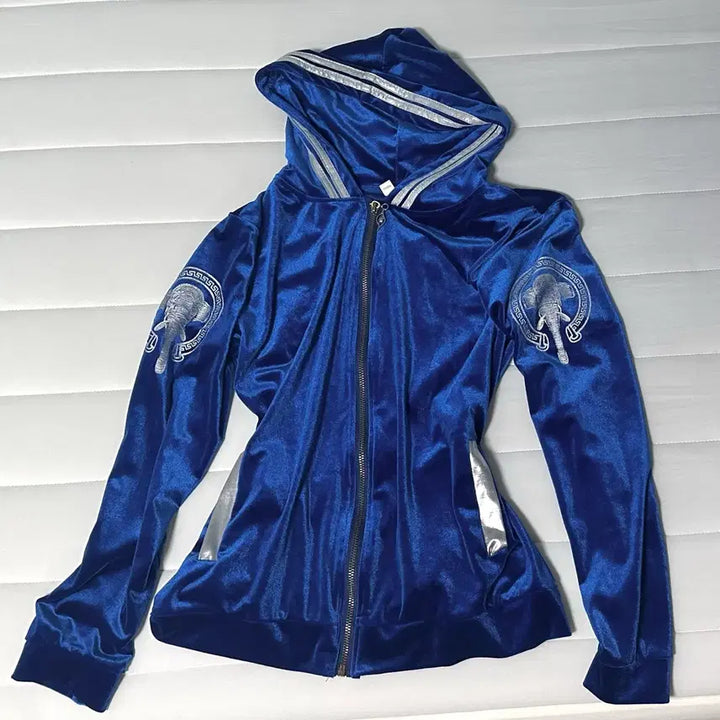 [BUNJANG] Vintage Back Point Slim Fit Velvet Hooded Zip-up / 빈티지 백포인트 벨벳 슬림핏 후드집업