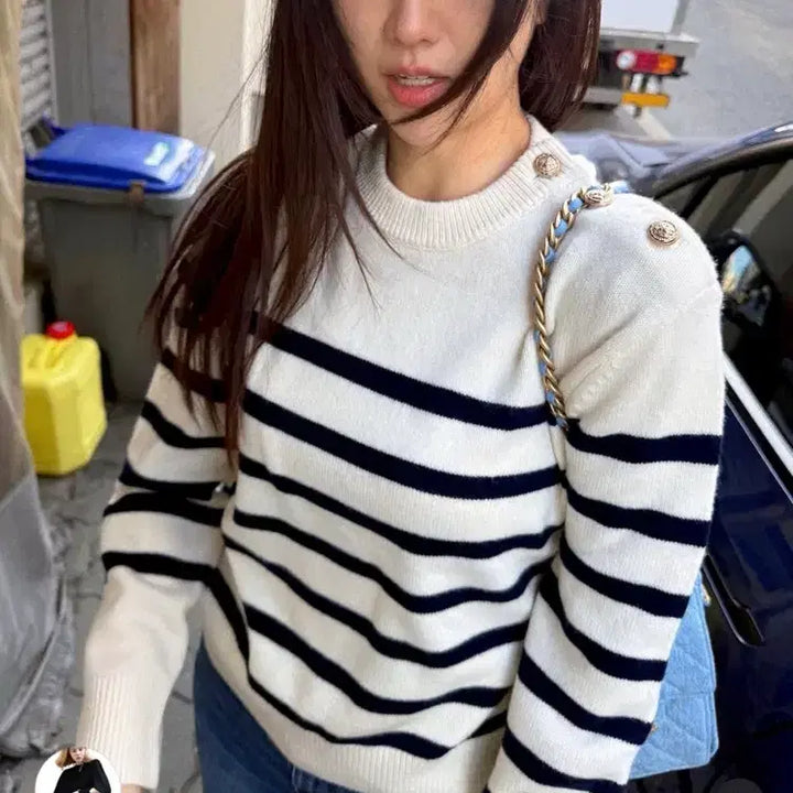 [BUNJANG] Romantica Soul Button B French Stripe Knit Top / 로만티카소울 Button B french stripe (박하선 착용)