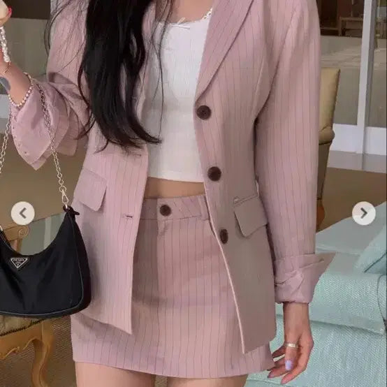 [BUNJANG] Pale Jade Pink Stripe Two-Piece Suit Set / {페일제이드} 핑크 스트라이프 셋업 세트 투피스 정장 자켓 스커트