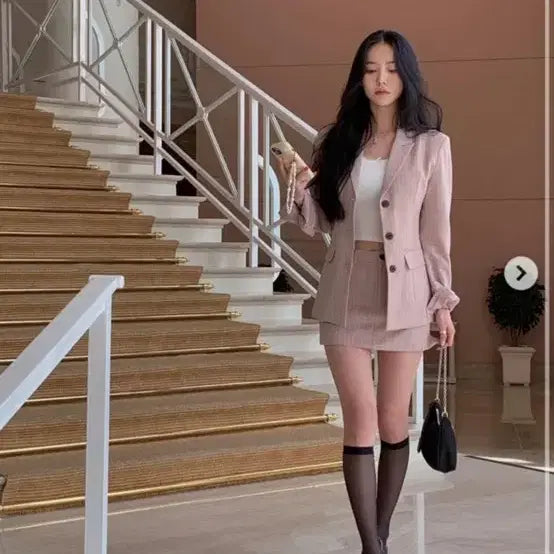[BUNJANG] Pale Jade Pink Stripe Two-Piece Suit Set / {페일제이드} 핑크 스트라이프 셋업 세트 투피스 정장 자켓 스커트