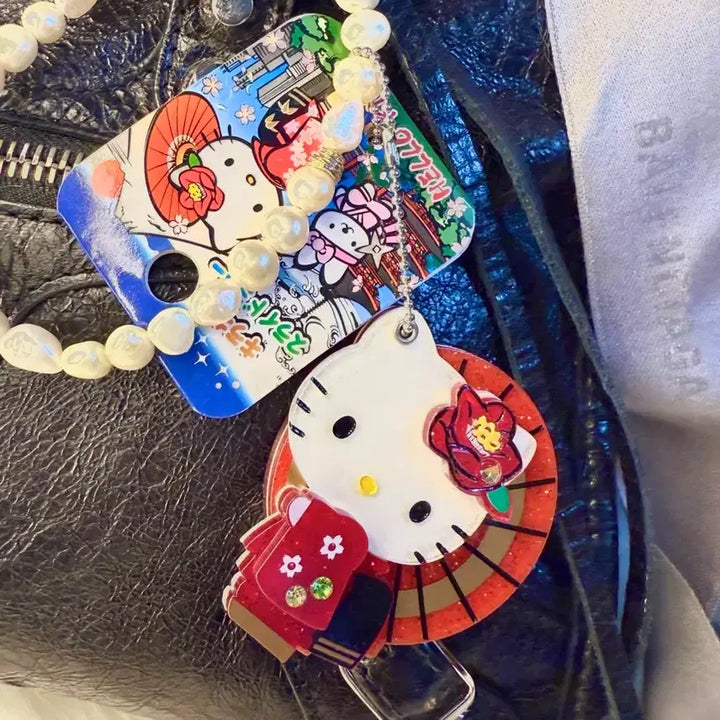 [BUNJANG] Sanrio Hello Kitty Kimono Glitter Slide Mirror Keyring / [새상품]2012 고전 헬로키티 기모노 글리터 슬라이드 거울 키링 백참
