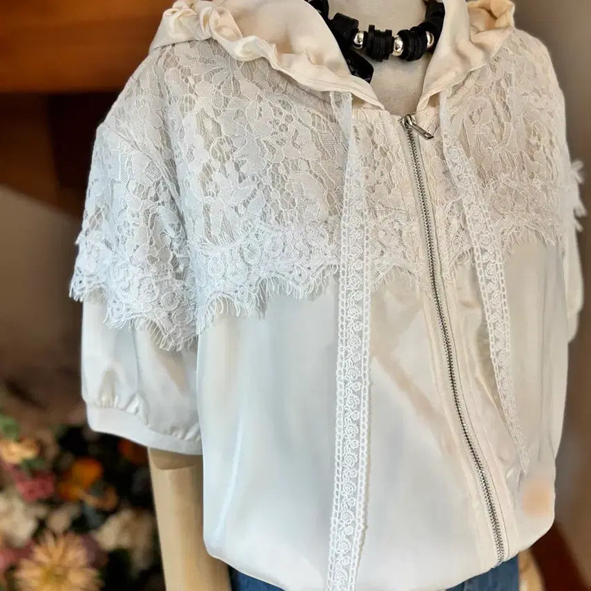 [BUNJANG] Zulloeg Lace Hooded Short Sleeve Jacket / 레이스 후드 반팔 자켓  줄로그