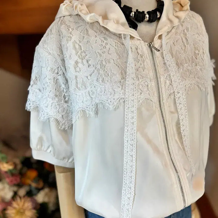 [BUNJANG] Zulloeg Lace Hooded Short Sleeve Jacket / 레이스 후드 반팔 자켓  줄로그