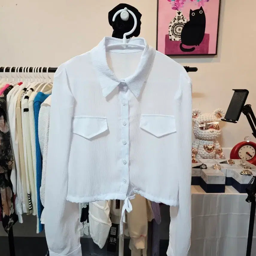 [BUNJANG] White Cropped Shirt Blouse with Tie Detail / 화이트 크롭 셔츠 블라우스
