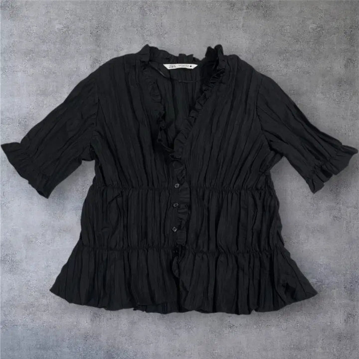 [BUNJANG] Zara Ruffle Shirred Banding Blouse / 자라 Zara 블랙 러플 셔링 밴딩 반팔 블라우스 M