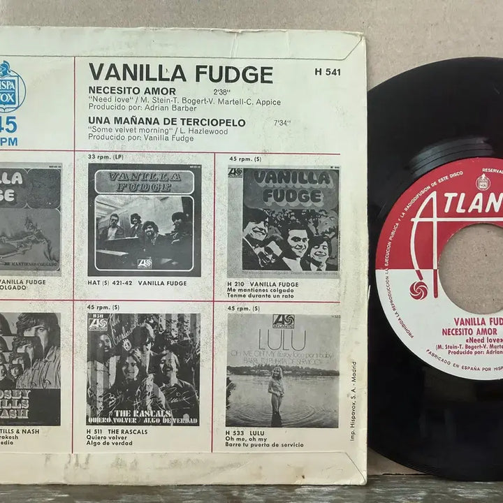 [BUNJANG] Vanilla Fudge 1969 Spain Original 7-inch EP "Necesito Amor / Una Mañana de Terciopelo" / (7인치 EP) Vanilla Fudge - 1969년 SPAIN 초반