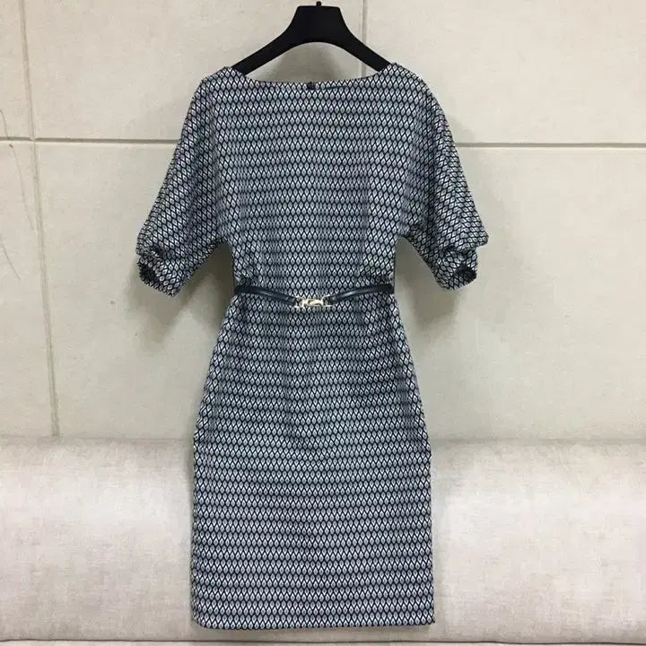 [BUNJANG] MojoSphin Pattern Volume Sleeve Belted Dress / 모조에스핀 패턴 볼륨소매 5부소매 벨트원피스