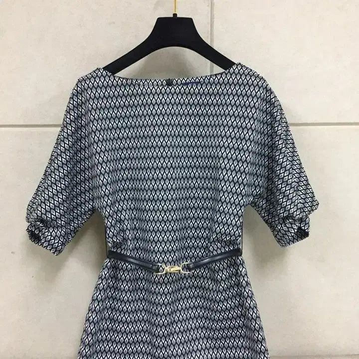 [BUNJANG] MojoSphin Pattern Volume Sleeve Belted Dress / 모조에스핀 패턴 볼륨소매 5부소매 벨트원피스