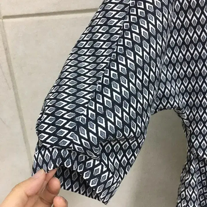 [BUNJANG] MojoSphin Pattern Volume Sleeve Belted Dress / 모조에스핀 패턴 볼륨소매 5부소매 벨트원피스