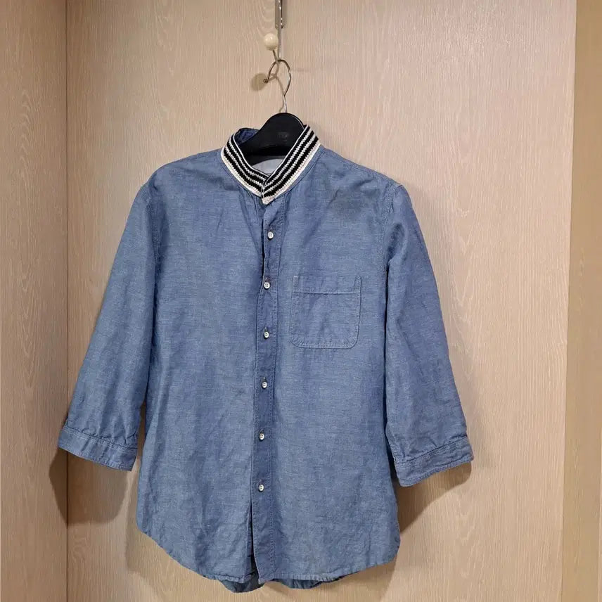 [BUNJANG] Customellow Denim Band Collar 3/4 Sleeve Shirt (Size 100) / 커스텀멜로우 청량 데님 밴드카라 7부 셔츠사이즈100
