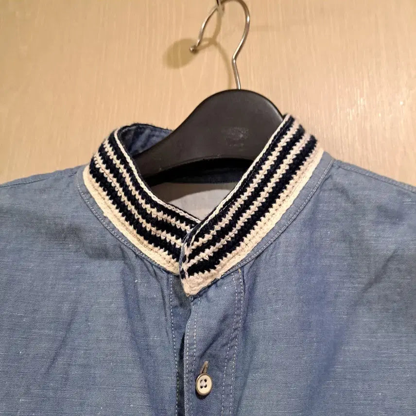 [BUNJANG] Customellow Denim Band Collar 3/4 Sleeve Shirt (Size 100) / 커스텀멜로우 청량 데님 밴드카라 7부 셔츠사이즈100