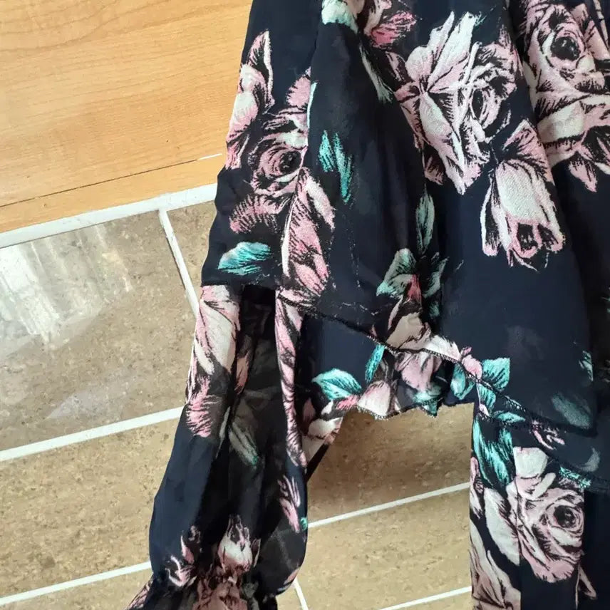 [BUNJANG] Black Floral Pattern Chiffon Long Dress / 검정 플라워 패턴 쉬폰 원피스
