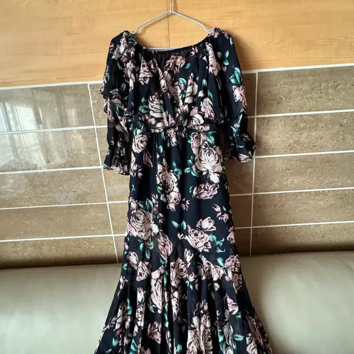 [BUNJANG] Black Floral Pattern Chiffon Long Dress / 검정 플라워 패턴 쉬폰 원피스