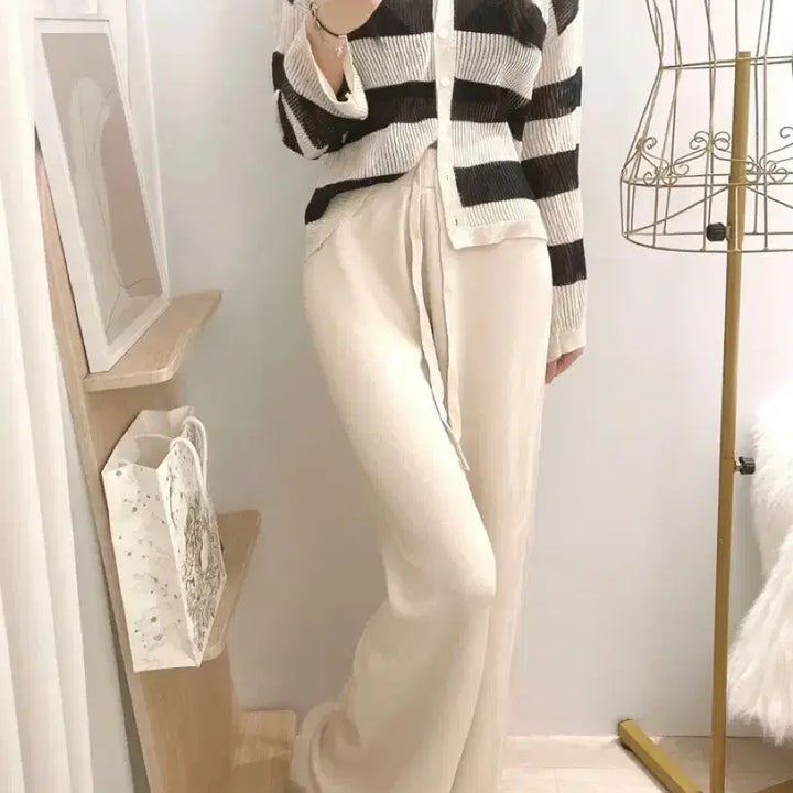 [BUNJANG] Monggeul Knit Wide Banding Long Training Pants Beige / 몽글 니트 밴딩 와이드 롱팬츠 트레이닝팬츠 베이지(새것