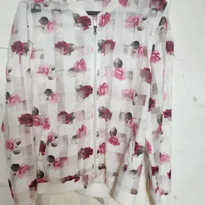 [BUNJANG] Flower See-Through Zip-Up Jumper / 새상품 플라워 시스루 집업 점퍼  55  66  통통66까지