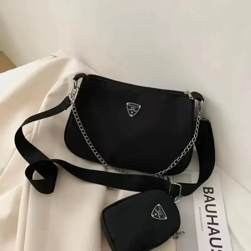 [BUNJANG] Black Mini Crossbody Bag + Pouch Set / 블랙 체인 미니 크로스백 + 파우치 세트