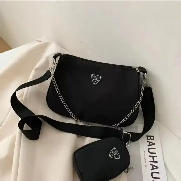 [BUNJANG] Black Mini Crossbody Bag + Pouch Set / 블랙 체인 미니 크로스백 + 파우치 세트