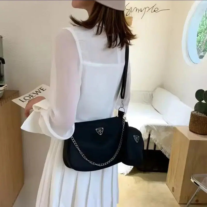[BUNJANG] Black Mini Crossbody Bag + Pouch Set / 블랙 체인 미니 크로스백 + 파우치 세트