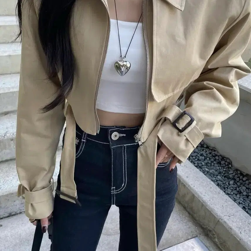 [BUNJANG] Unbranded Crop Trench Jacket Beige / 무료배송. 새상품. 크롭 트렌치 자켓 아우터 베이지색 어깨패드있