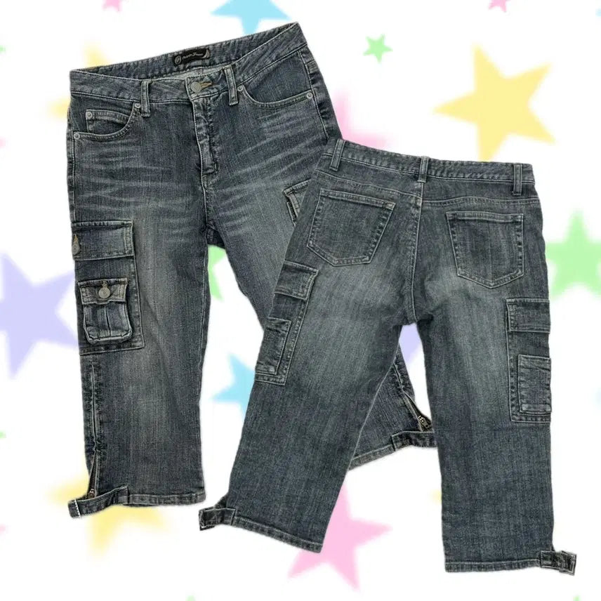 [BUNJANG] Japanese Vintage Y2K Hip Hop Cargo Cropped Washed Jeans / 일본빈티지 Y2K 힙합 카고 7부 포켓포인트 갸루 로우라이즈 워싱 청바지