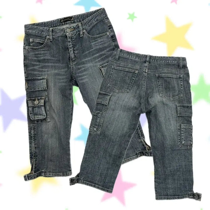[BUNJANG] Japanese Vintage Y2K Hip Hop Cargo Cropped Washed Jeans / 일본빈티지 Y2K 힙합 카고 7부 포켓포인트 갸루 로우라이즈 워싱 청바지