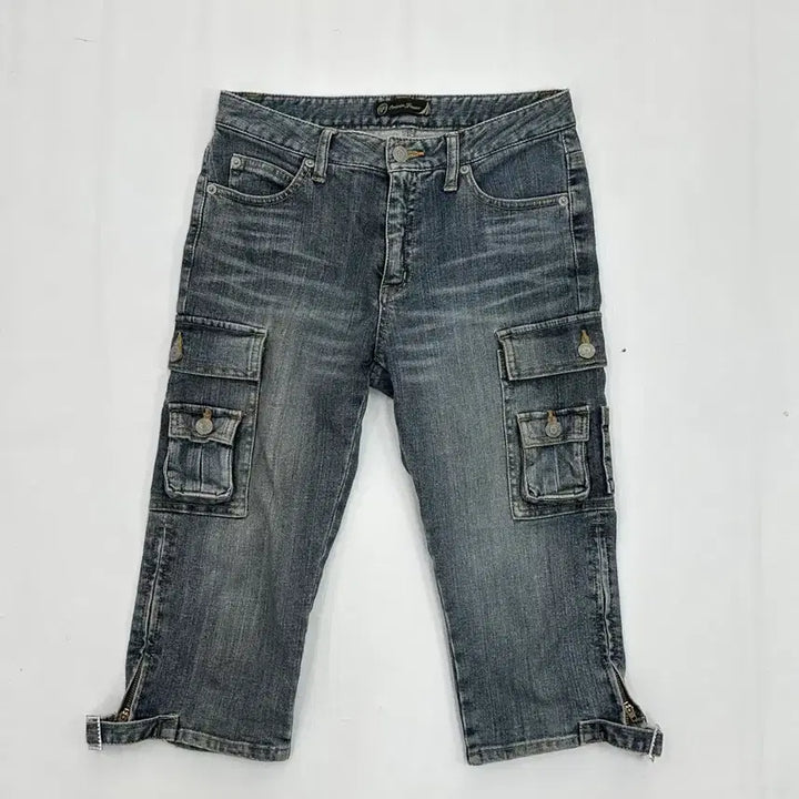 [BUNJANG] Japanese Vintage Y2K Hip Hop Cargo Cropped Washed Jeans / 일본빈티지 Y2K 힙합 카고 7부 포켓포인트 갸루 로우라이즈 워싱 청바지