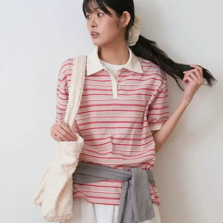 [BUNJANG] SAYU Stripe Collar Short Sleeve T-shirt (Dusty Pink) / [미개봉 새상품] 사유 스트라이프 카라 반팔 티 더스티 핑크