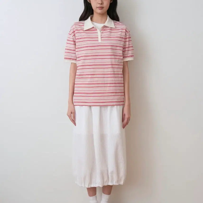 [BUNJANG] SAYU Stripe Collar Short Sleeve T-shirt (Dusty Pink) / [미개봉 새상품] 사유 스트라이프 카라 반팔 티 더스티 핑크