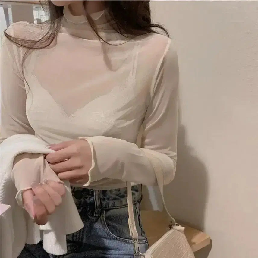[BUNJANG] Sexy Glam See-through Long Sleeve Top / 섹시 글램 화이트 베이지 시스루 폴라 긴팔 티