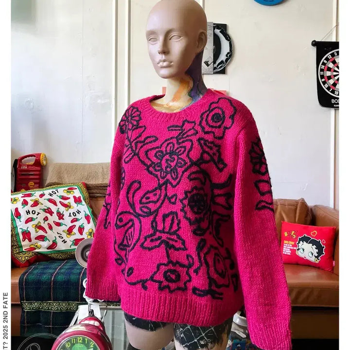 [BUNJANG] Vintage 3D Floral Embroidered Wool Knit Sweater / 인도 생산 빈티지 3D 플로랄 스티치 자수 패턴 울 니트 스웨터