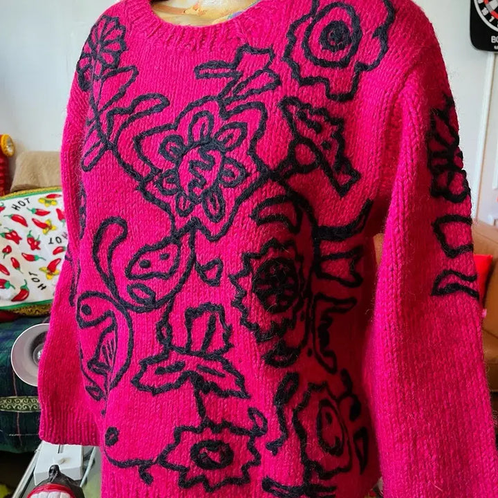 [BUNJANG] Vintage 3D Floral Embroidered Wool Knit Sweater / 인도 생산 빈티지 3D 플로랄 스티치 자수 패턴 울 니트 스웨터