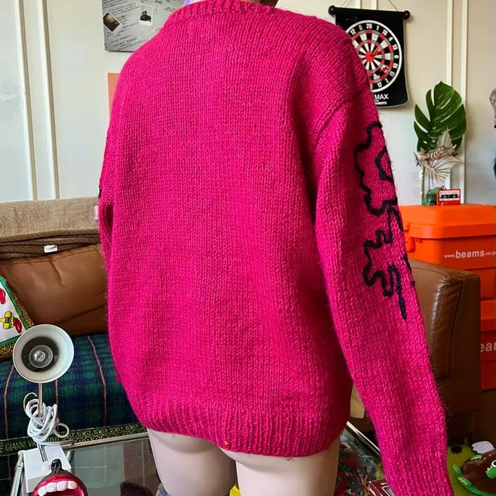 [BUNJANG] Vintage 3D Floral Embroidered Wool Knit Sweater / 인도 생산 빈티지 3D 플로랄 스티치 자수 패턴 울 니트 스웨터