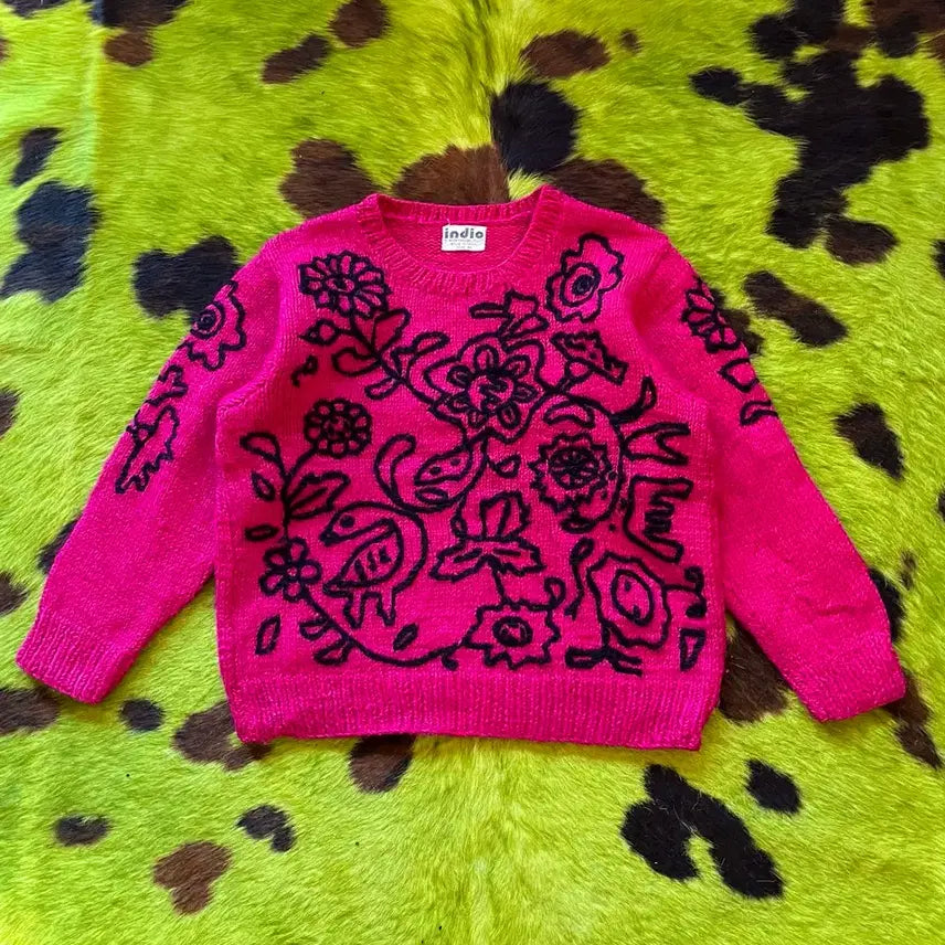 [BUNJANG] Vintage 3D Floral Embroidered Wool Knit Sweater / 인도 생산 빈티지 3D 플로랄 스티치 자수 패턴 울 니트 스웨터
