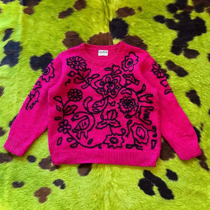 [BUNJANG] Vintage 3D Floral Embroidered Wool Knit Sweater / 인도 생산 빈티지 3D 플로랄 스티치 자수 패턴 울 니트 스웨터