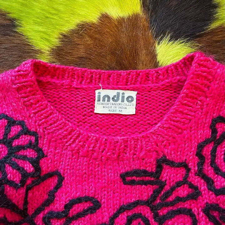 [BUNJANG] Vintage 3D Floral Embroidered Wool Knit Sweater / 인도 생산 빈티지 3D 플로랄 스티치 자수 패턴 울 니트 스웨터