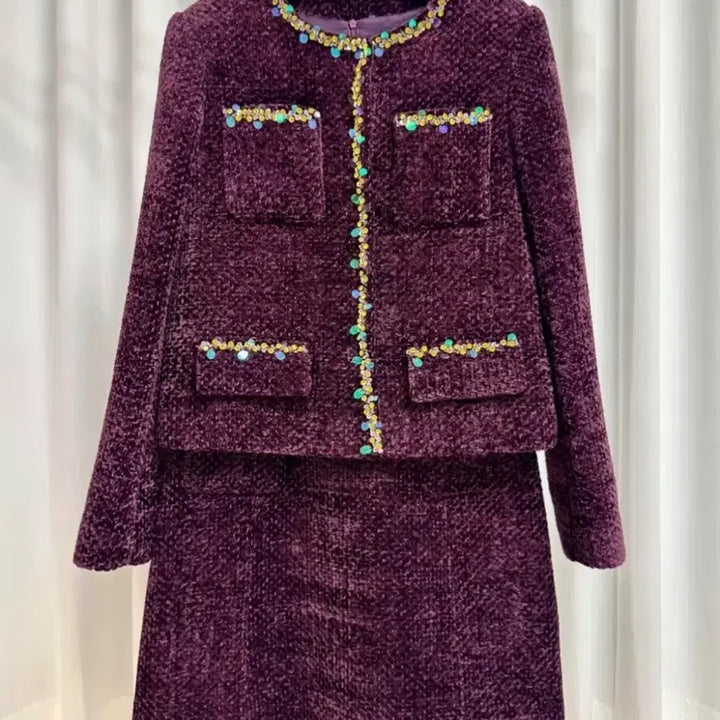 [BUNJANG] Imported SP Beaded Tweed Set (Jacket + Dress) - Purple, M Size / (새상품) 수입 SP 비즈 트위드 세트 (자켓+원피스)