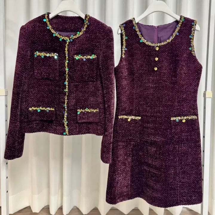 [BUNJANG] Imported SP Beaded Tweed Set (Jacket + Dress) - Purple, M Size / (새상품) 수입 SP 비즈 트위드 세트 (자켓+원피스)
