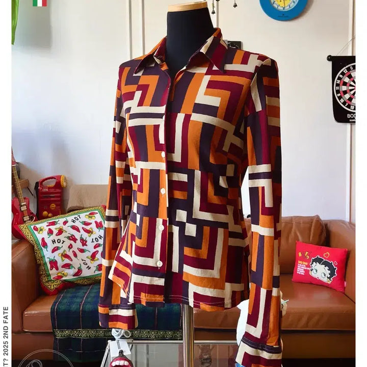 [BUNJANG] SISLEY Italian Vintage Optical Art Pattern Poly Shirt / SISLEY 시슬리 이태리 빈티지 옵티컬 아트 패턴 폴리 셔츠 남방