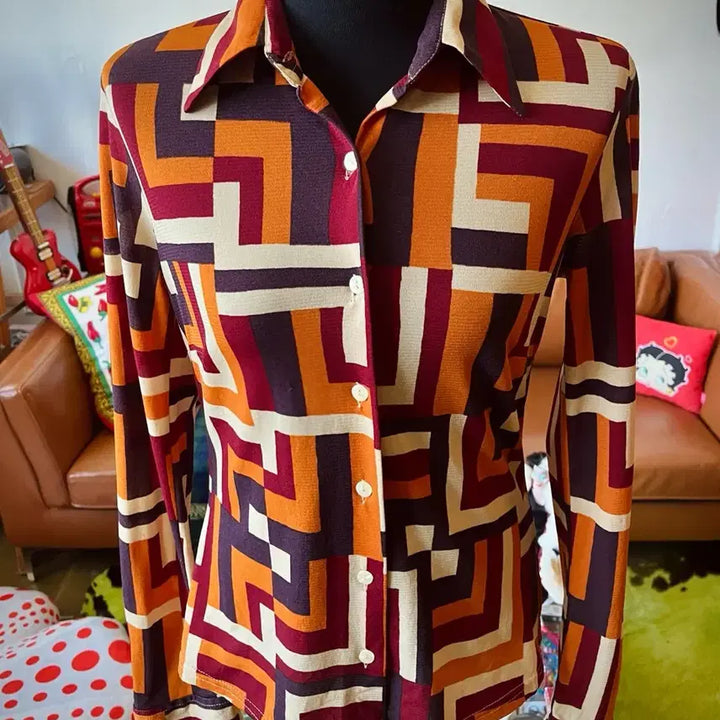 [BUNJANG] SISLEY Italian Vintage Optical Art Pattern Poly Shirt / SISLEY 시슬리 이태리 빈티지 옵티컬 아트 패턴 폴리 셔츠 남방