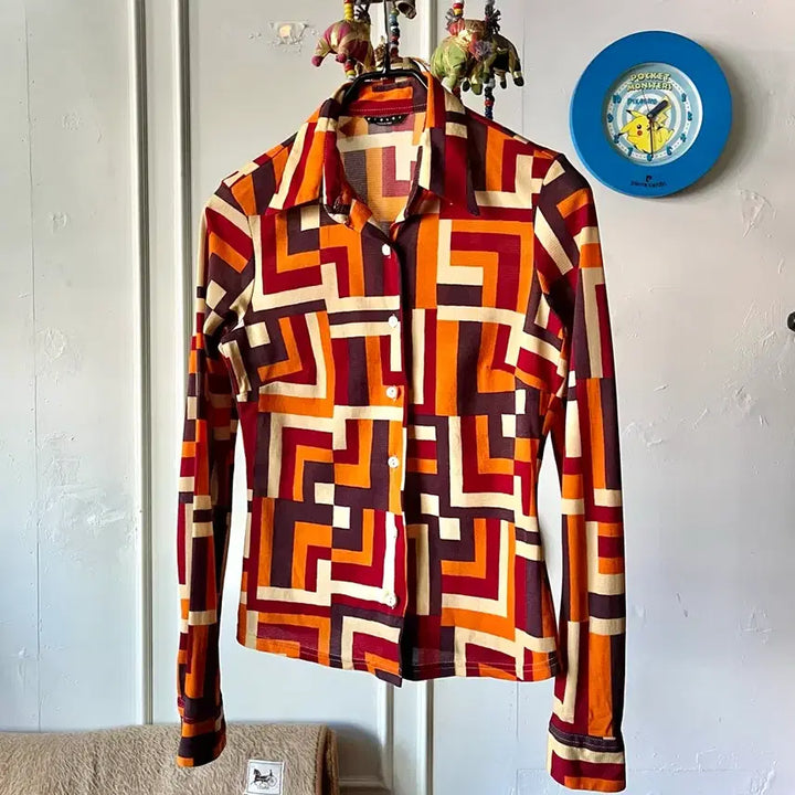 [BUNJANG] SISLEY Italian Vintage Optical Art Pattern Poly Shirt / SISLEY 시슬리 이태리 빈티지 옵티컬 아트 패턴 폴리 셔츠 남방