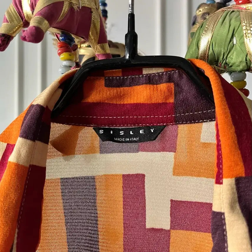 [BUNJANG] SISLEY Italian Vintage Optical Art Pattern Poly Shirt / SISLEY 시슬리 이태리 빈티지 옵티컬 아트 패턴 폴리 셔츠 남방